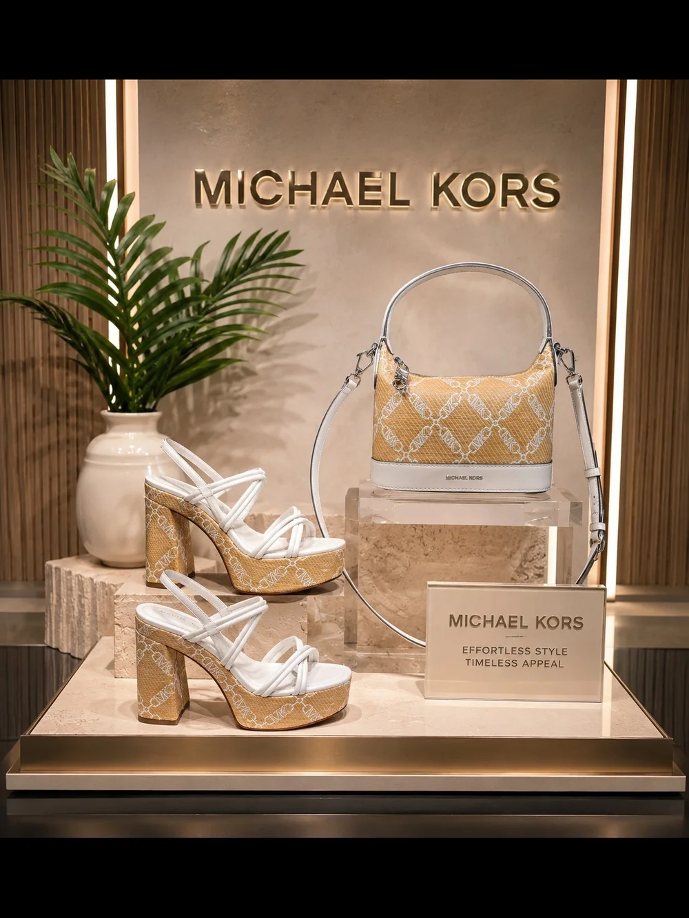 Michael Kors 'Corrine' White & Tan Signature Platform Sandal Heels